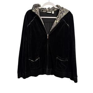 Chico's Zenergy Women's L Black Velour Floral Zip Front Hoodie Jacket Outdoor